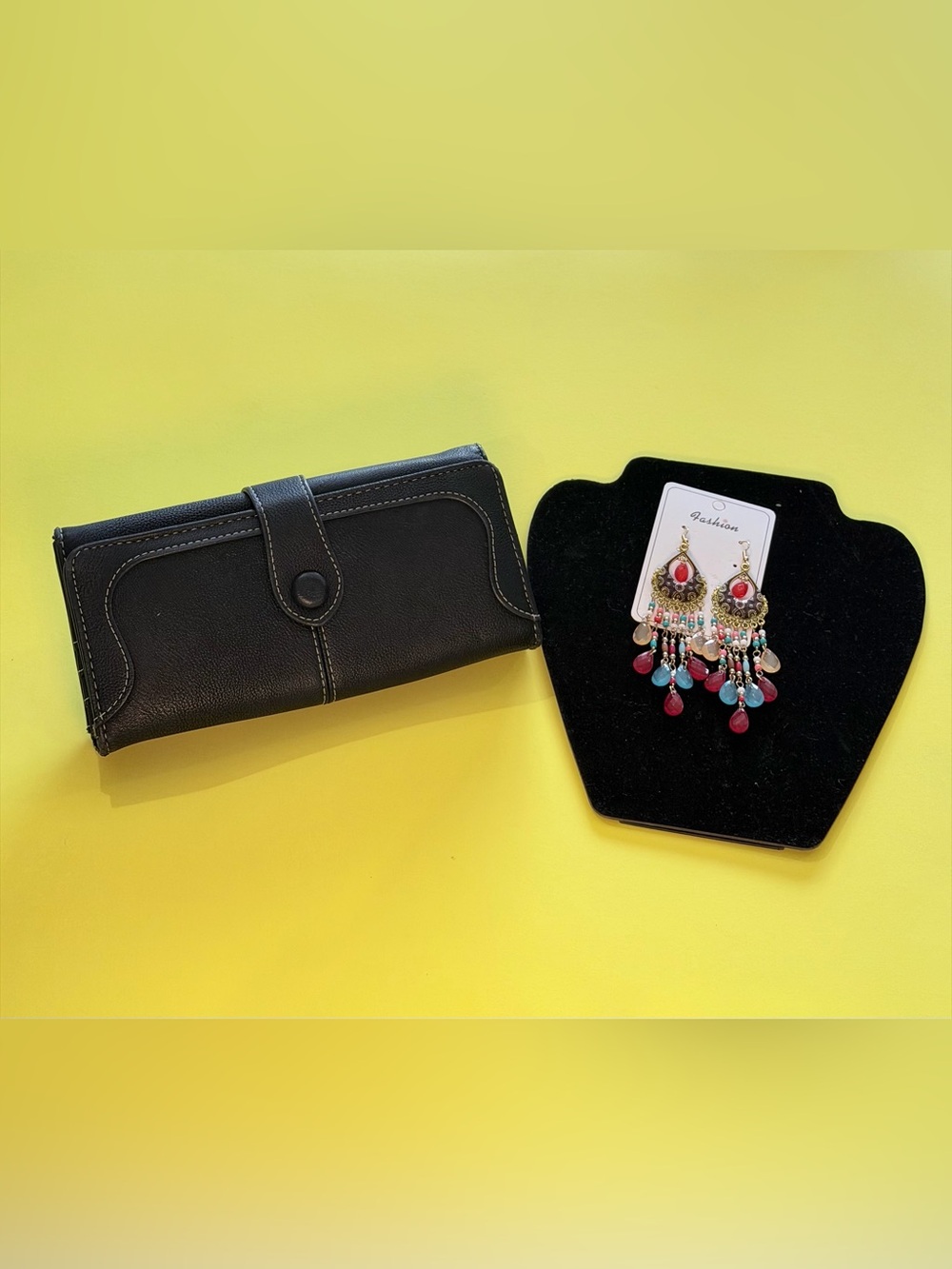 Black Women's Leather-Style Wallet with Snap Closure& earrings